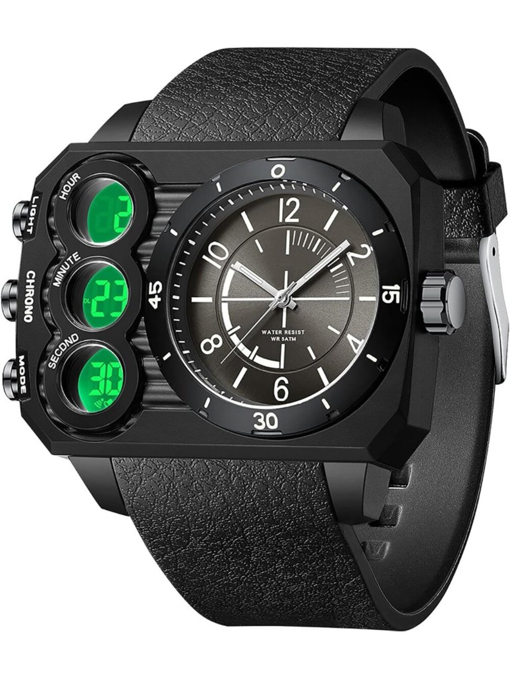 Men's Black Square Large Face Cool LED Three Time Zone Countdown Wrist Watch